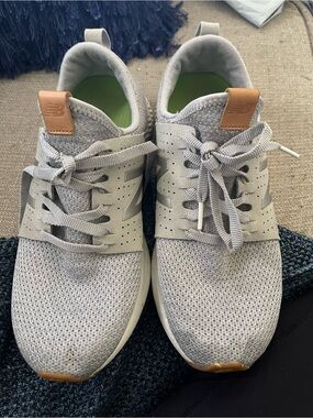New Balance Light Gray Knit Slip-On Sneakers with Green Insoles
